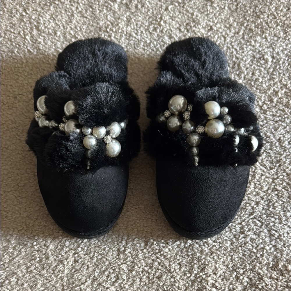 New Express Black Plush Slippers with Pearl Accents